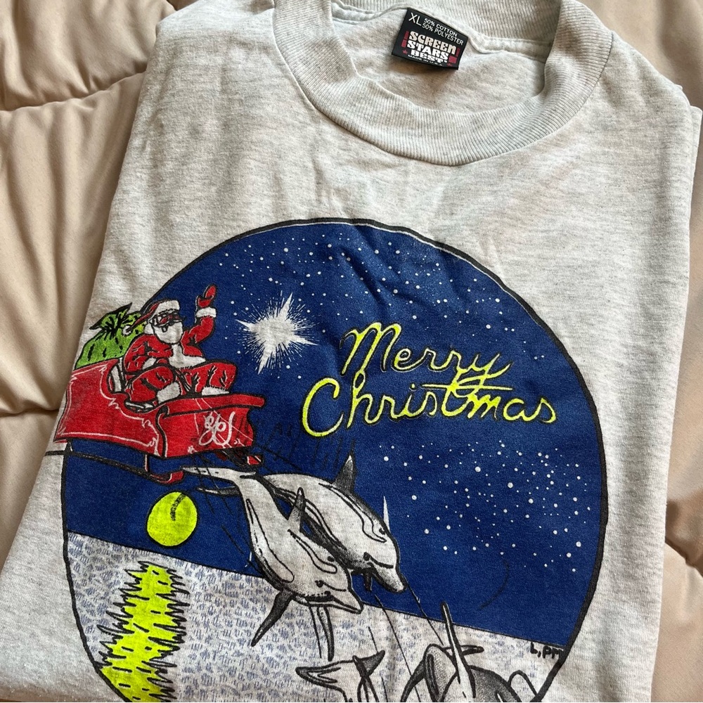 Vintage Screen Stars Heather Gray Christmas Long Sleeve with Santa and Dolphins